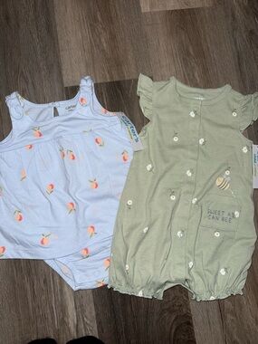 Carter's Light Blue Peach Print Romper & Sage Green Bee Romper Set